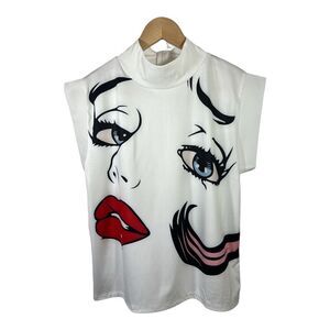CHARLIE CHARLIE CHARLOTTE Women’s Pop Art High Neck Cap Sleeve Top White Large